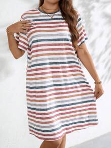 SHEIN LUNE Plus Size Women's Striped T-Shirt Dress For Summer - Multicolor - View 5