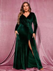 Đầm Plus Size Xù Trọn gói Dây kéo Tách cao màu trơn Buổi tiệc - Màu xanh lá cây đậm - Xem 7