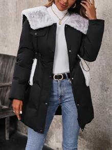 SHEIN LUNE 女士加厚棉袄 冬季加厚棉衣 腰部抽绳 - 黑色 - 查看 3