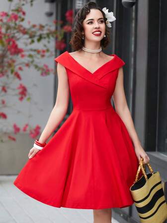 MUXXN 1950s Retro A-Line V-Neck Casual Cocktail Party Swing Dress
