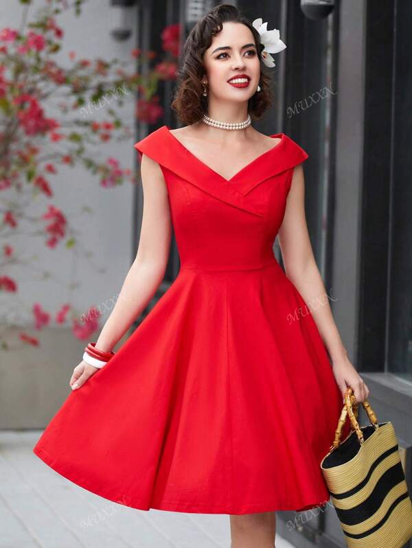 MUXXN vintage 1950's A-line V-neck  Casual Work Cocktail Party Swing Dress