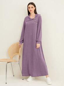 Mulvari Arabic Style Asymmetrical Neckline Button Decoration Dress - Purple - View 4