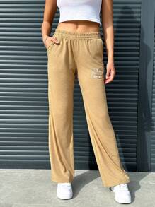 EURMUSE Letter Graphic Elastic Waist Sweatpants - Yellow - View 4