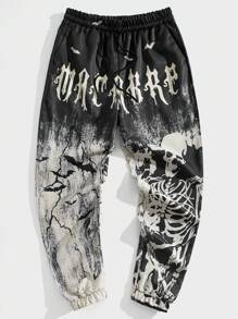 ROMWE MEN Goth 男裝字母和骷髏印花束口腰長褲 - 彩色 - 查看 1