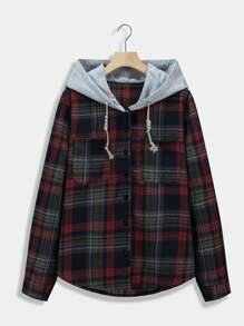 Plus Size Women's Hooded Plaid Shirt - Multicolor - View 1