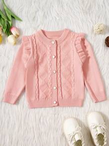 Bebé niña Cárdigan ribete con fruncido tejido de cable - Rosa - Ver 1