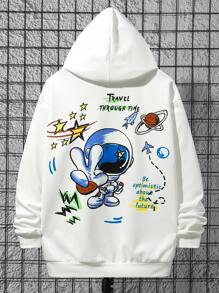 SHEIN 青少年男孩標語和卡通圖案落肩袖連帽衫