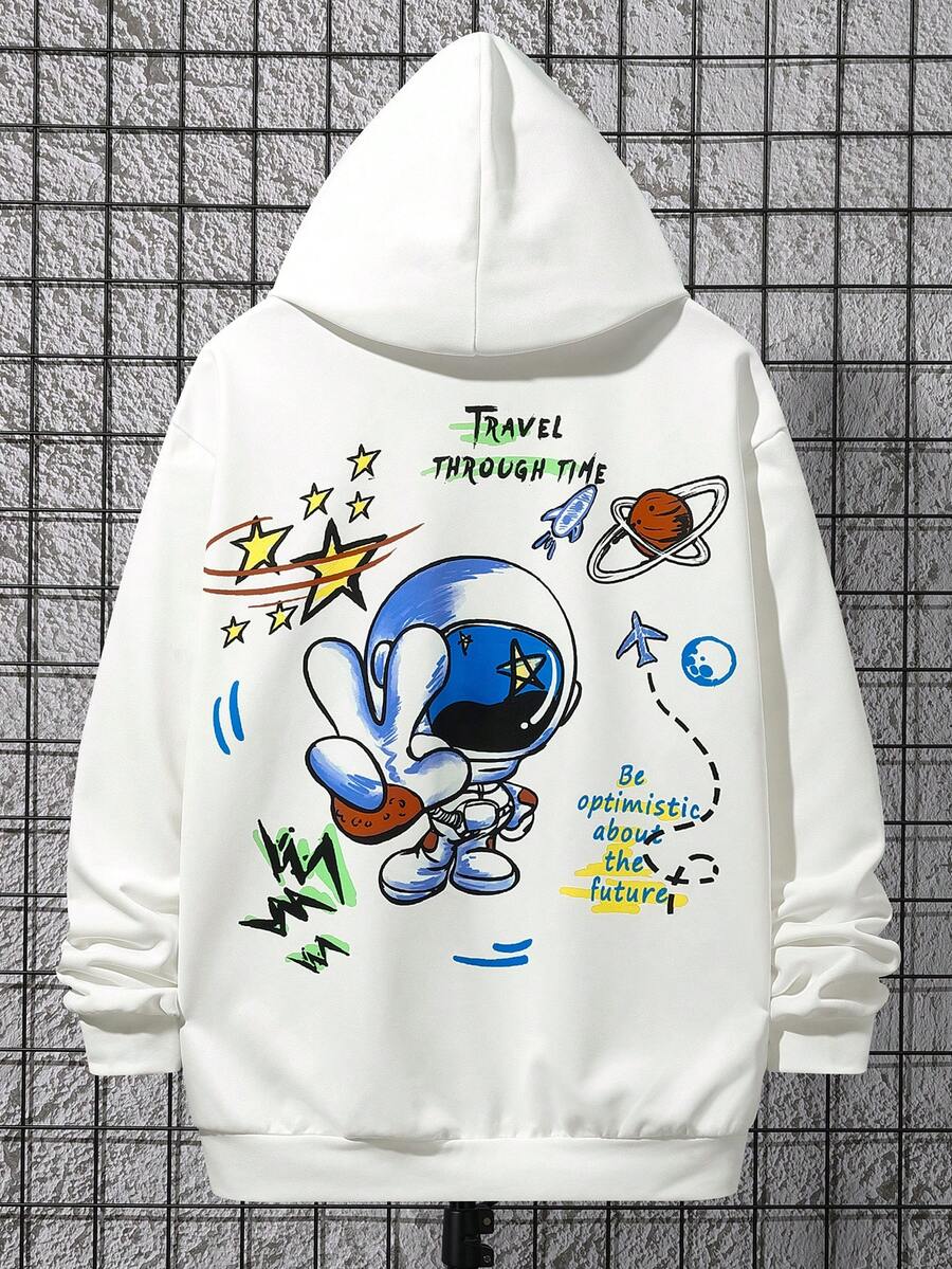 SHEIN 青少年男孩標語和卡通圖案落肩袖連帽衫