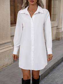 Easowa Vestido de trabajo de estilo camisa blanca para mujeres, primavera - Blanco - Ver 5
