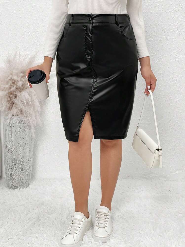 Plus Size Faux Leather Split Hem Skirt
