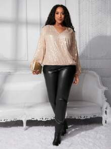 SHEIN CURVE+ Women's Plus Size Shiny Sequin Shirt - Champagne - View 5
