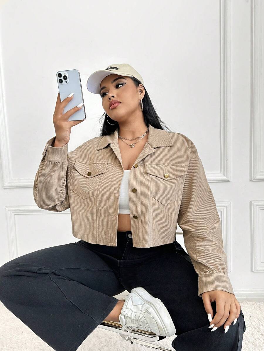 SHEIN EZwear Hơn Túi có nắp Vải to sợi Áo khoác - Màu Khaki - Xem 1