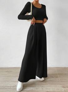 Almamuse Solid Color Short Top & Wide Leg Pants Casual 2pcs Outfit Fall Cloth For Women - Black - View 4