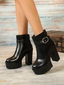 Women's Fashion Minimalist Buckle Black Short Boots With High Heels - Black - View 4