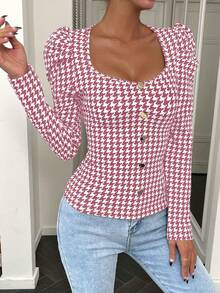 SHEIN Privé 女士千鸟格泡泡袖T恤，带金属扣 - 粉色 - 查看 6