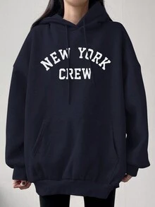 DAZY Đồ họa Chữ cái Thả vai Dây rút Hoodie - Màu xanh hải quân - Xem 4