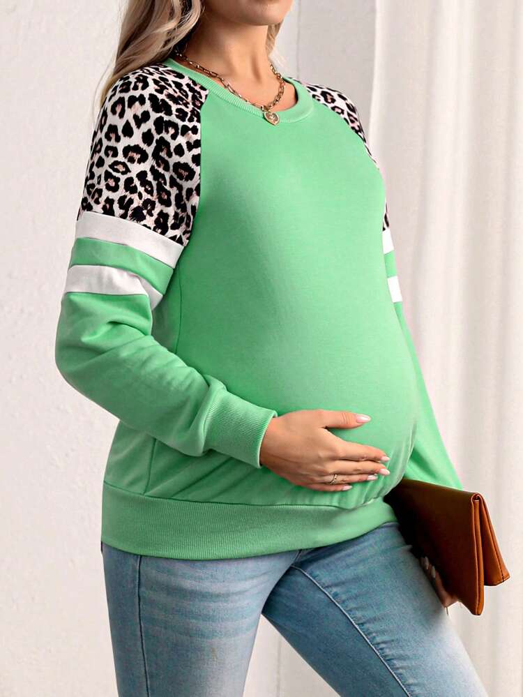 Maternity Leopard Pattern Raglan Sleeve Striped Pullover Sweatshirt, For Winter