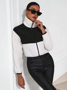 Chiquease Của phụ nữ Khối màu Lông Áo khoác - Đen và trắng - Xem 5