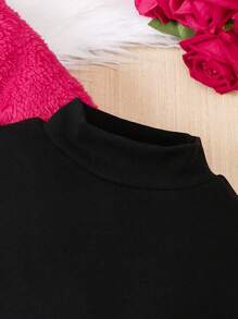 SHEIN Young Girl Mock Neck Tee & Two Layer Hem Skirt & Fuzzy Jacket