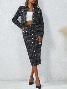 SHEIN Clasi 方格西裝外套套裝,前扣牛角扣和裙子二件套 - 黑色 - 查看 3
