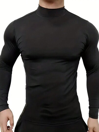 Manfinity Homme Men Mock Neck Solid Plain Long Sleeve Tee, For Going Out, For Friends, Fall