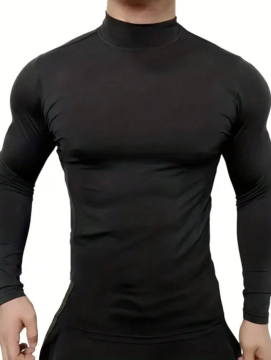 Manfinity Homme Men Mock Neck Solid Plain Long Sleeve Tee, For Going Out, For Friends, Fall