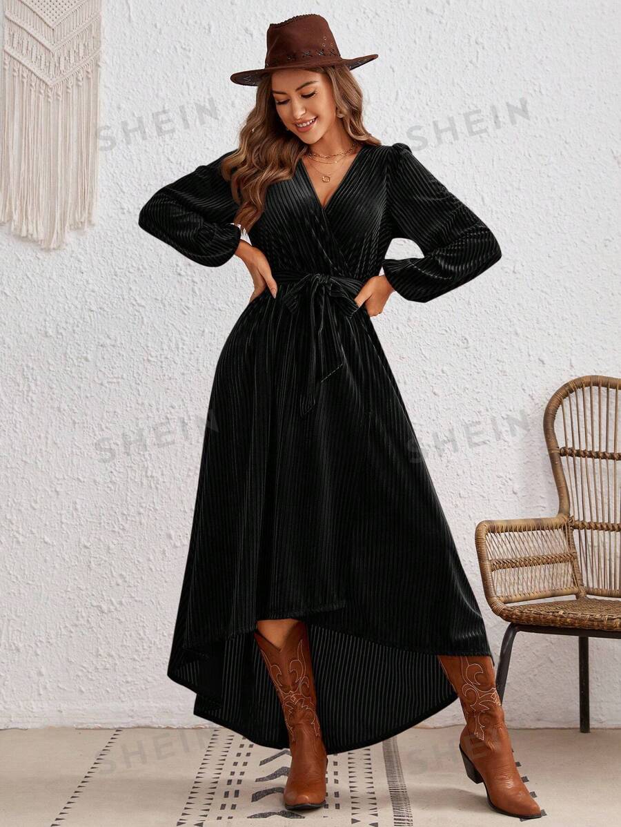 SHEIN VCAY Vestido con cinturón de manga farol bajo irregular