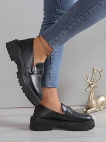 女性黑色一腳蹬樂福鞋附腰帶搭扣裝飾,多用途粗鞋底高跟鞋&復古圓頭瑪麗珍鞋適用於春季/秋季,學院風 - 黑色 - 查看 4
