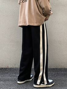 側邊條紋寬腿運動褲,開叉細節舒適寬松版型 - 黑色 - 查看 2