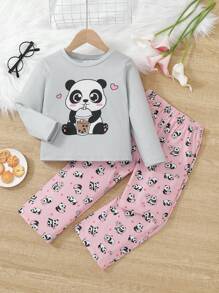 SHEIN Conjunto De Pijama Informal De Camiseta Y Pantalones De Manga Larga Con Estampado De Panda De Dibujos Animados Y Cuello Redondo Para Niñas Pequeñas, Otoño E Invierno - Multicolor - Ver 1