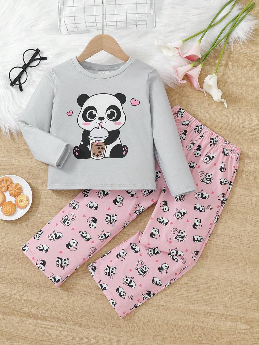 SHEIN Conjunto De Pijama Informal De Camiseta Y Pantalones De Manga Larga Con Estampado De Panda De Dibujos Animados Y Cuello Redondo Para Niñas Pequeñas, Otoño E Invierno - Multicolor - Ver 1