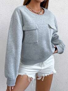 SHEIN Unity Casual Solid Color Sweatshirt With Chest Pocket And Shoulder Zipper Detail - Light Grey - View 6