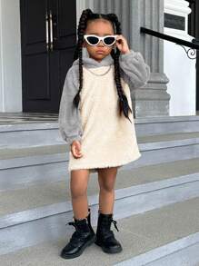 SHEIN Cô Gái Trẻ Hai âm Tay Raglan Thiết kế tai 3D Teddy Đàm áo cánh có mũ - Xám - Xem 5