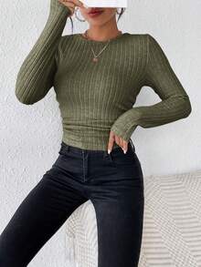 SHEIN Frenchy 女士實色圓領修身t卹,具有質感 - 軍綠色 - 查看 5