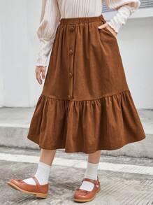 SHEIN Tween Girl Loose Fit Split Design A-Line Skirt For Casual Wear - Brown - View 1