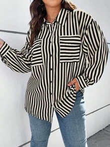 Flirla Plus Size Striped Printed Drop Shoulder Shirt - Black and White - View 4
