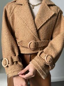 SHEIN Của phụ nữ Ngắn Len Áo khoác Với Thắt lưng Eo Và Tay Raglan - Lạc đà - Xem 4