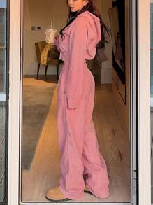 DAZY 女性實色束腰連帽衛衣和長褲套裝 - 粉色 - 查看 7