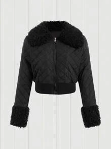 SHEIN EZwear Áo khoác độn bông chắp vá có khóa kéo cho nữ - màu đen - Xem 1