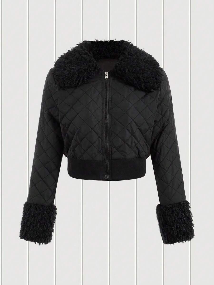 SHEIN EZwear Áo khoác độn bông chắp vá có khóa kéo cho nữ - màu đen - Xem 1