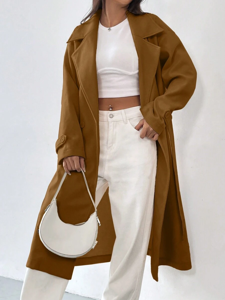 Muchica 女款純色西裝領羊毛腰帶 - 棕色 - 查看 1