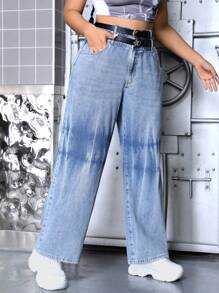 SHEIN ICON Talla grande Jeans de pierna recta mezclilla sin cinturón - Azul lavado medio - Ver 6