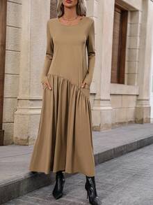 SHEIN LUNE Women's Solid Color Swing Dress - Brown - View 5