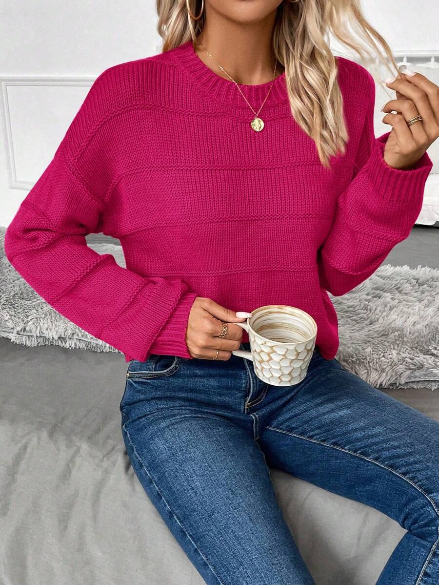 SHEIN LUNE Chất rắn Thả vai Áo len - Màu Hồng Tươi - Xem 1