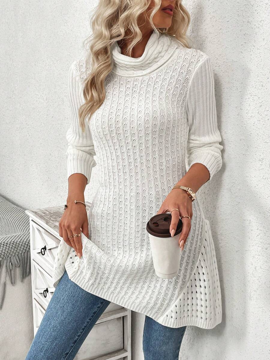 SHEIN LUNE Áo len nữ cổ cao màu trơn, chất liệu dệt kim, thích hợp cho mùa thu đông. - Màu be - Xem 1