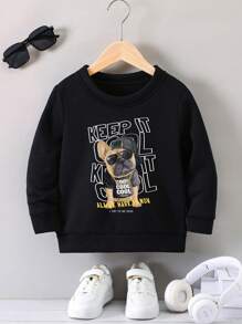 Young Boy Slogan & Dog Print Thermal Pullover - Black - View 1