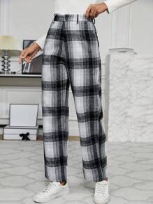 Chiquease Plaid Slant Pocket Straight Leg Suit Pants - Dark Grey - View 3