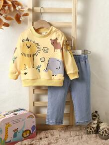 2023 Spring/autumn Baby Boys' Animal Printed Sweatshirt+jeans Set - Multicolor - View 1