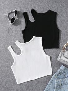 適合少女穿著的實色空心背心，時尚、簡潔且實穿的空心設計，高質感的面料，適合搭配穿著 - 黑與白 - 查看 2