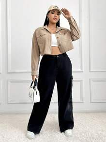 SHEIN EZwear Hơn Túi có nắp Vải to sợi Áo khoác - Màu Khaki - Xem 3